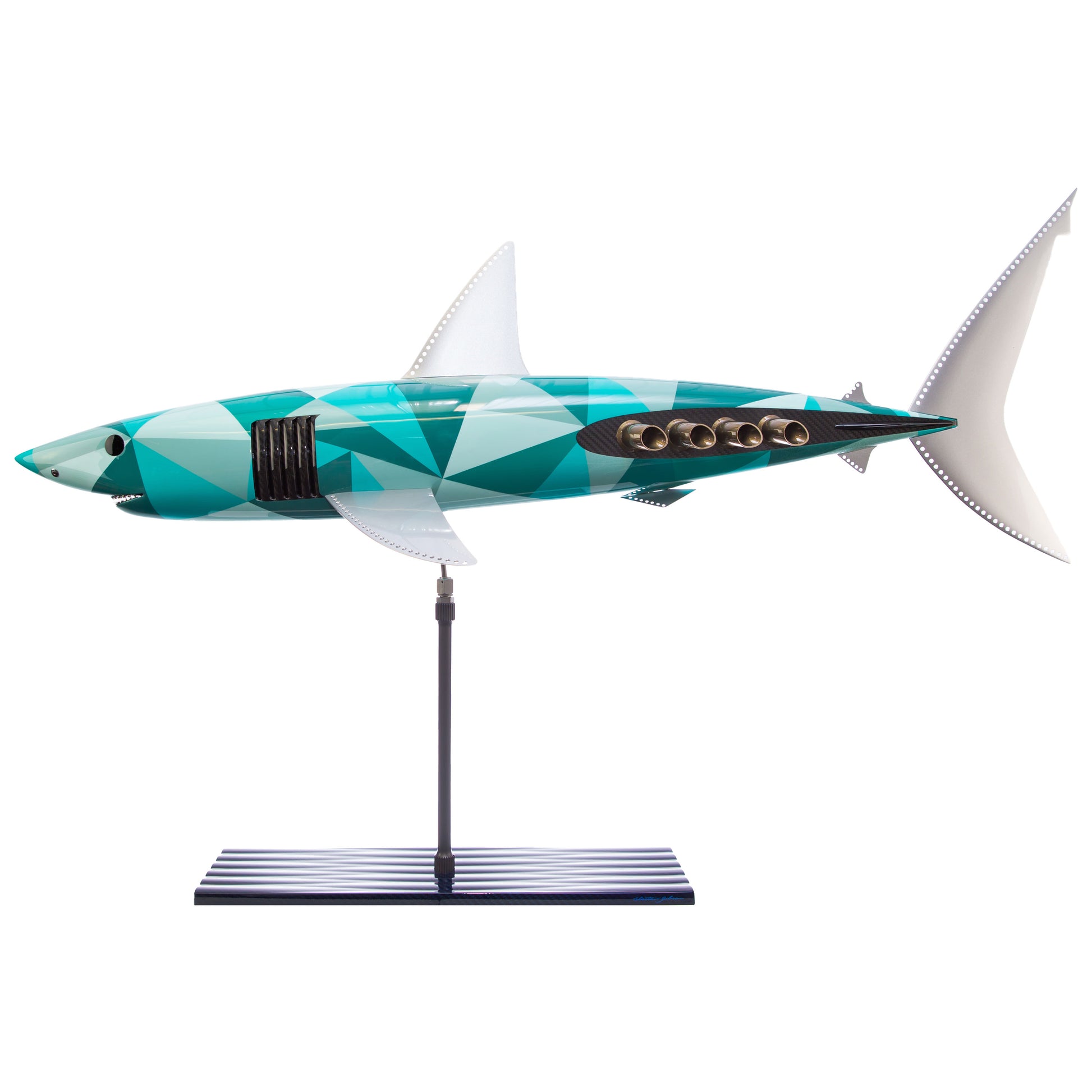 Carbon fibre shark with Sharks Trust livery on a blue base with F1 part