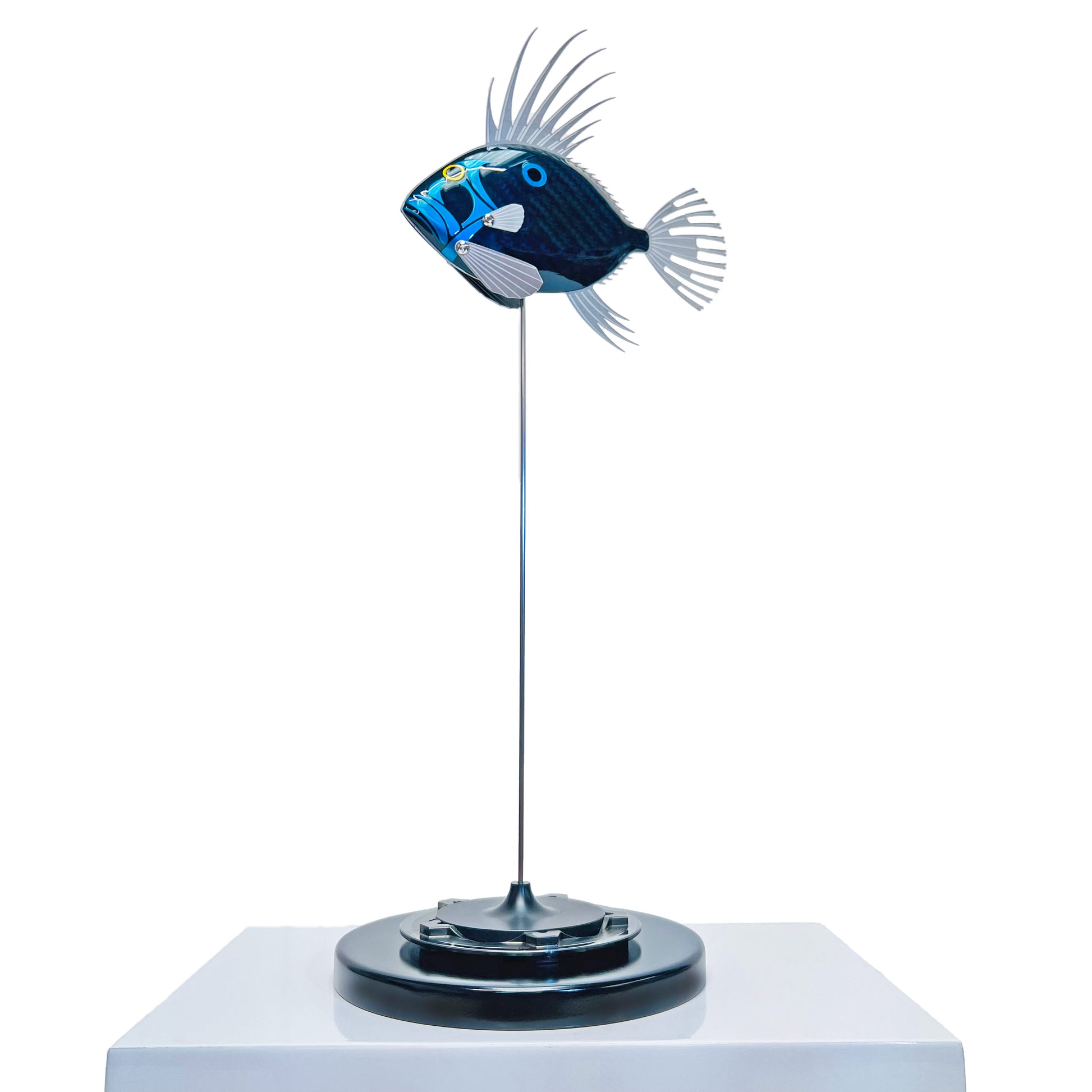 Carbon fibre baby dory sculpture with blue tint on a black base