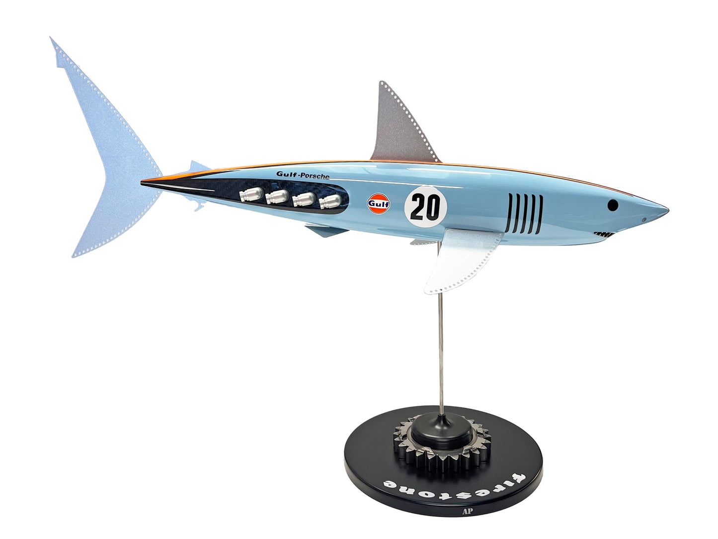 Carbon fibre Mako shark sculpture with Gulf Porsche Livery on a black base with F1 gear