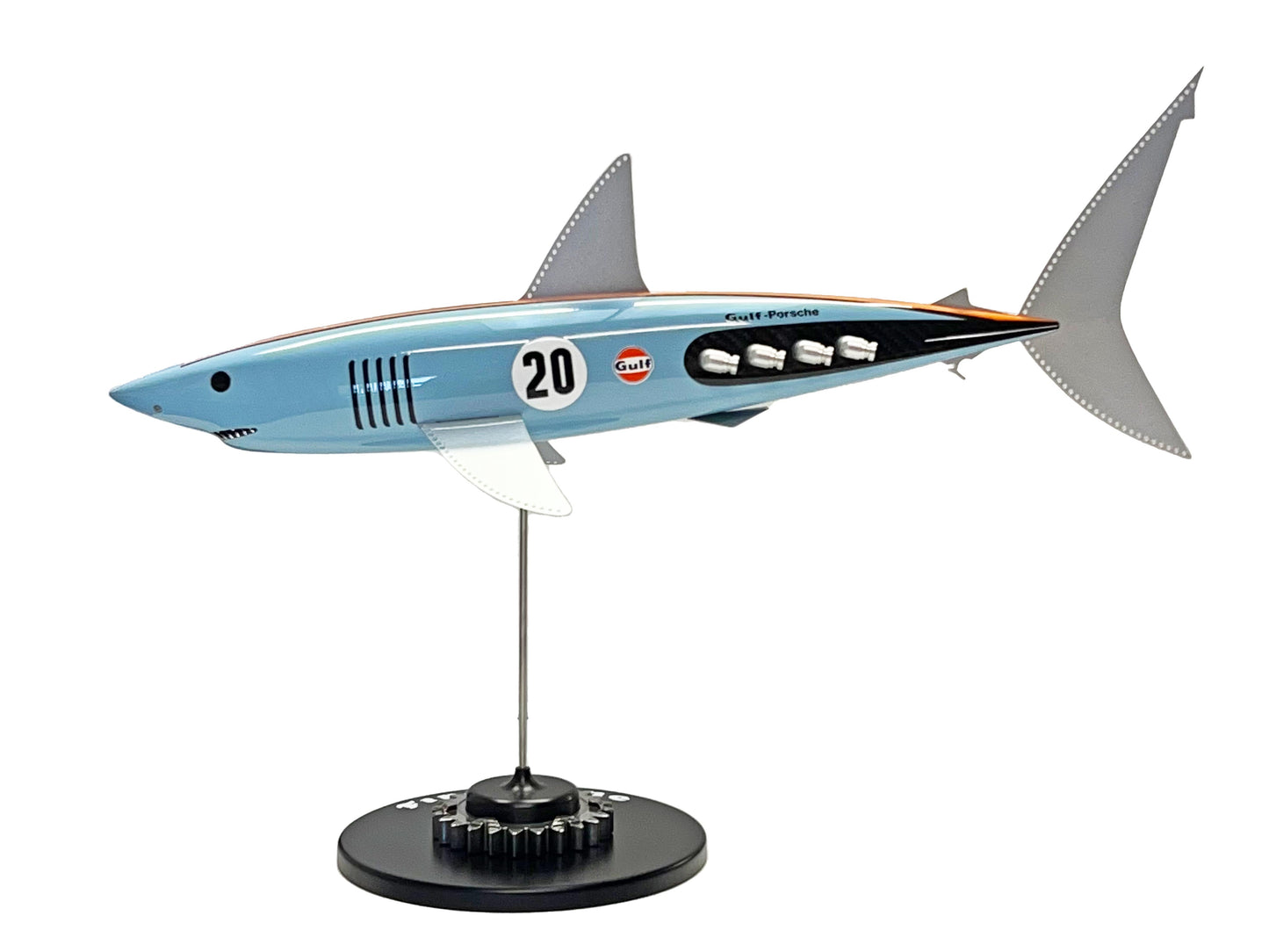 Carbon fibre Mako shark sculpture with Gulf Porsche Livery on a black base with F1 gear