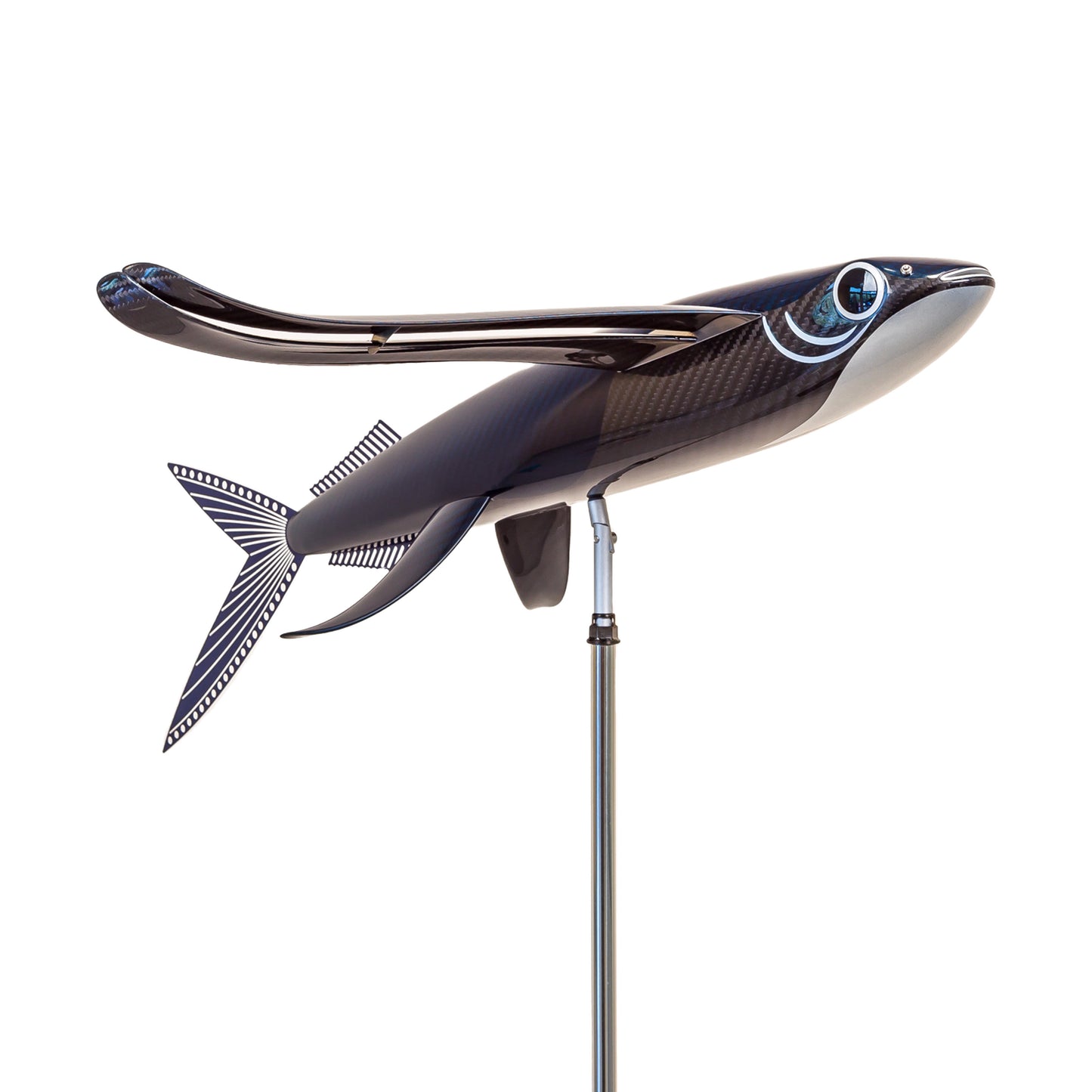 Carbon fibre Flying Fish sculpture with blue tint