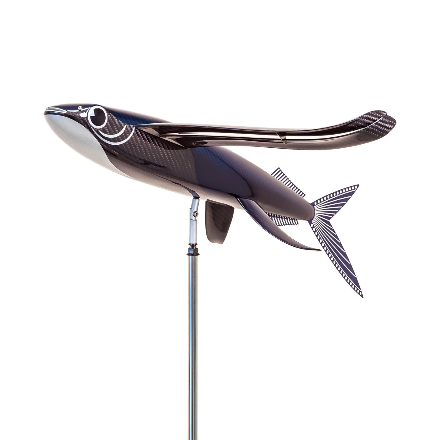 Carbon fibre Flying Fish sculpture with blue tint
