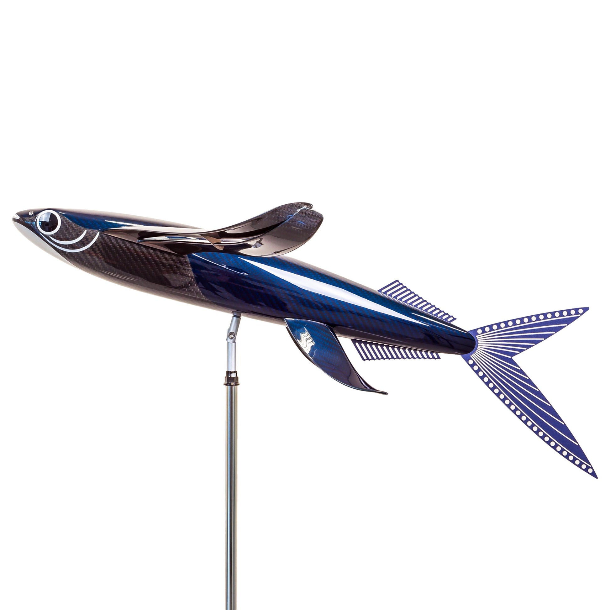 Carbon fibre Flying Fish sculpture with blue tint