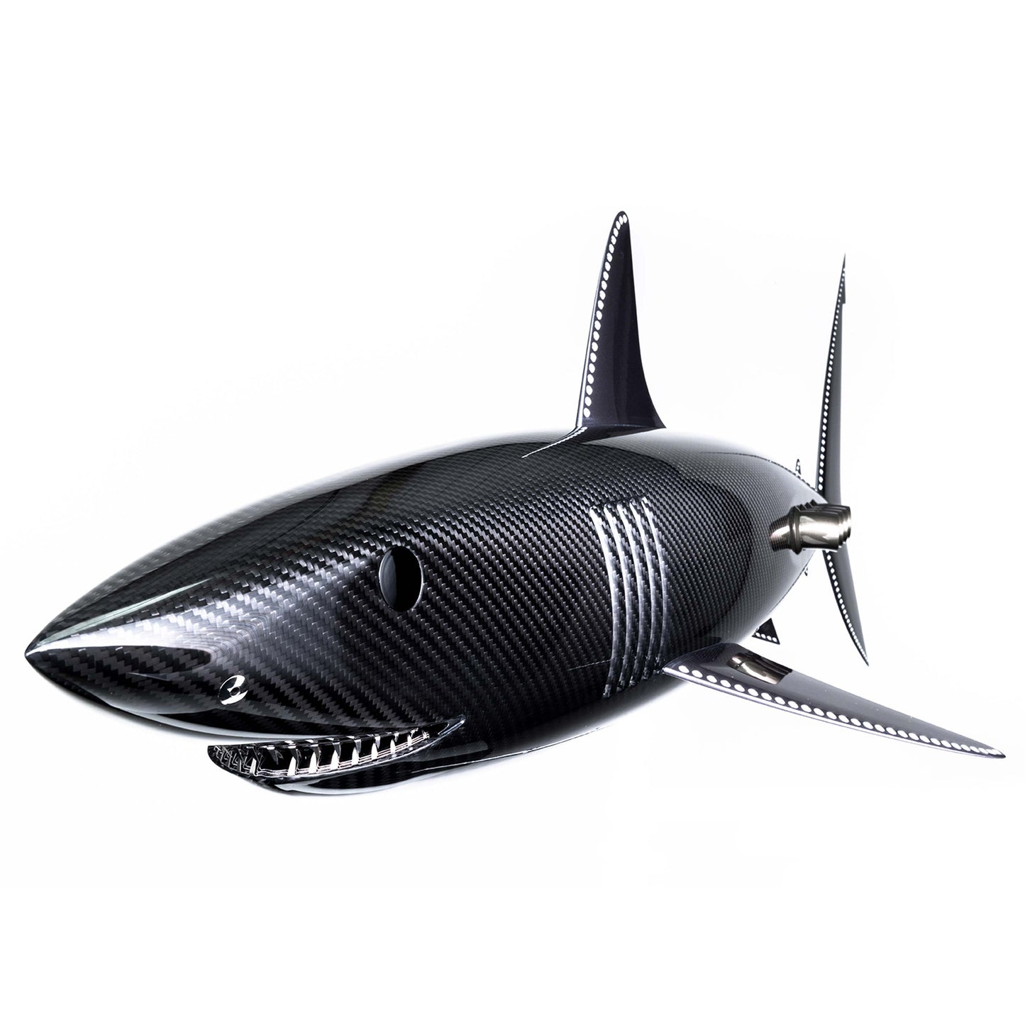 Carbon fibre Mako Shark on a blue tinted carbon fibre wave base with F1 parts