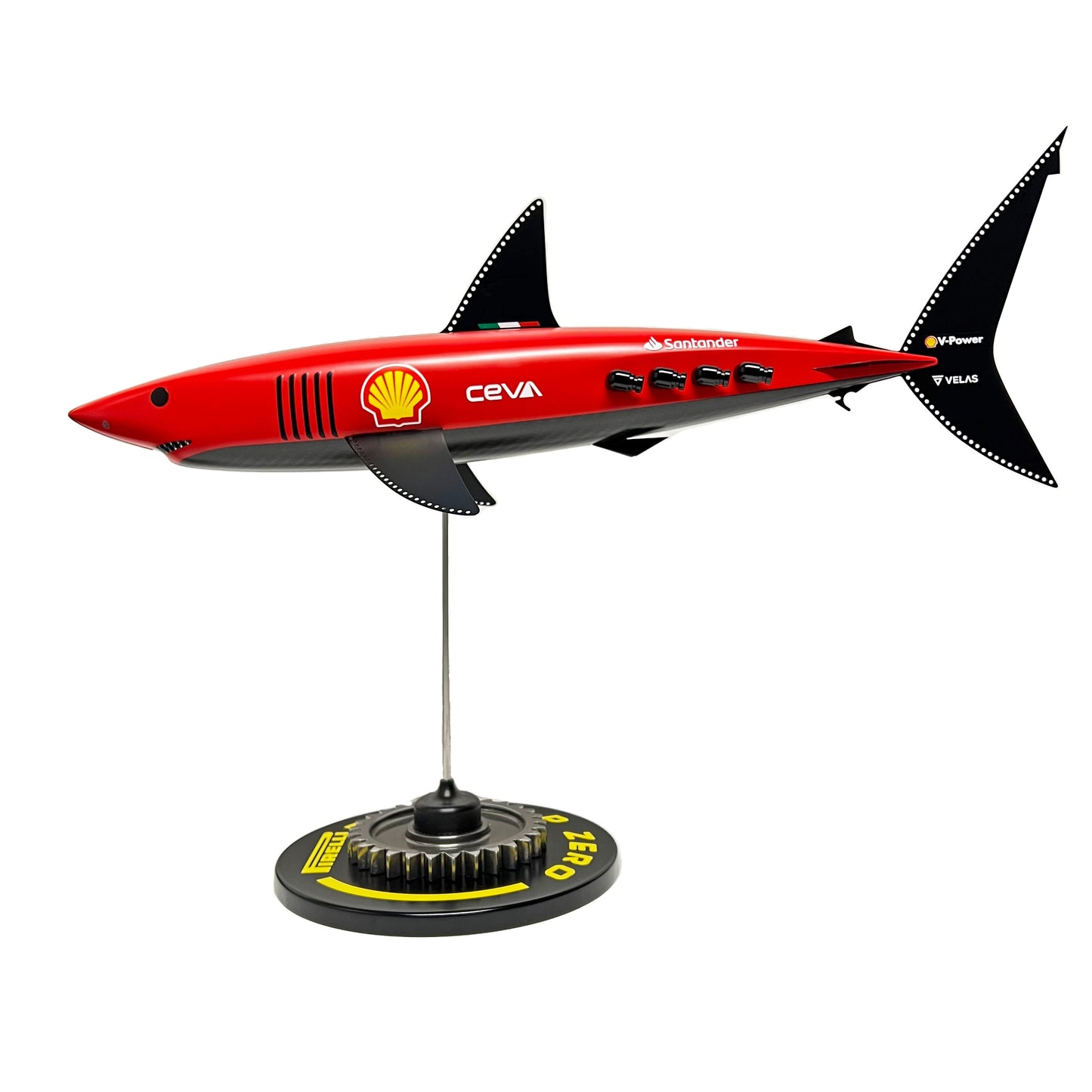 Carbon fibre Mako Shark with Ferrari F1 livery on a black base with F1 gear