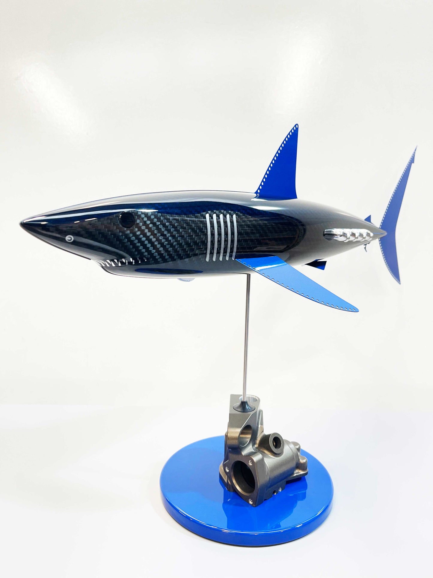 Blue tinted carbon fibre Mako Shark Pup with blue fins and blue base
